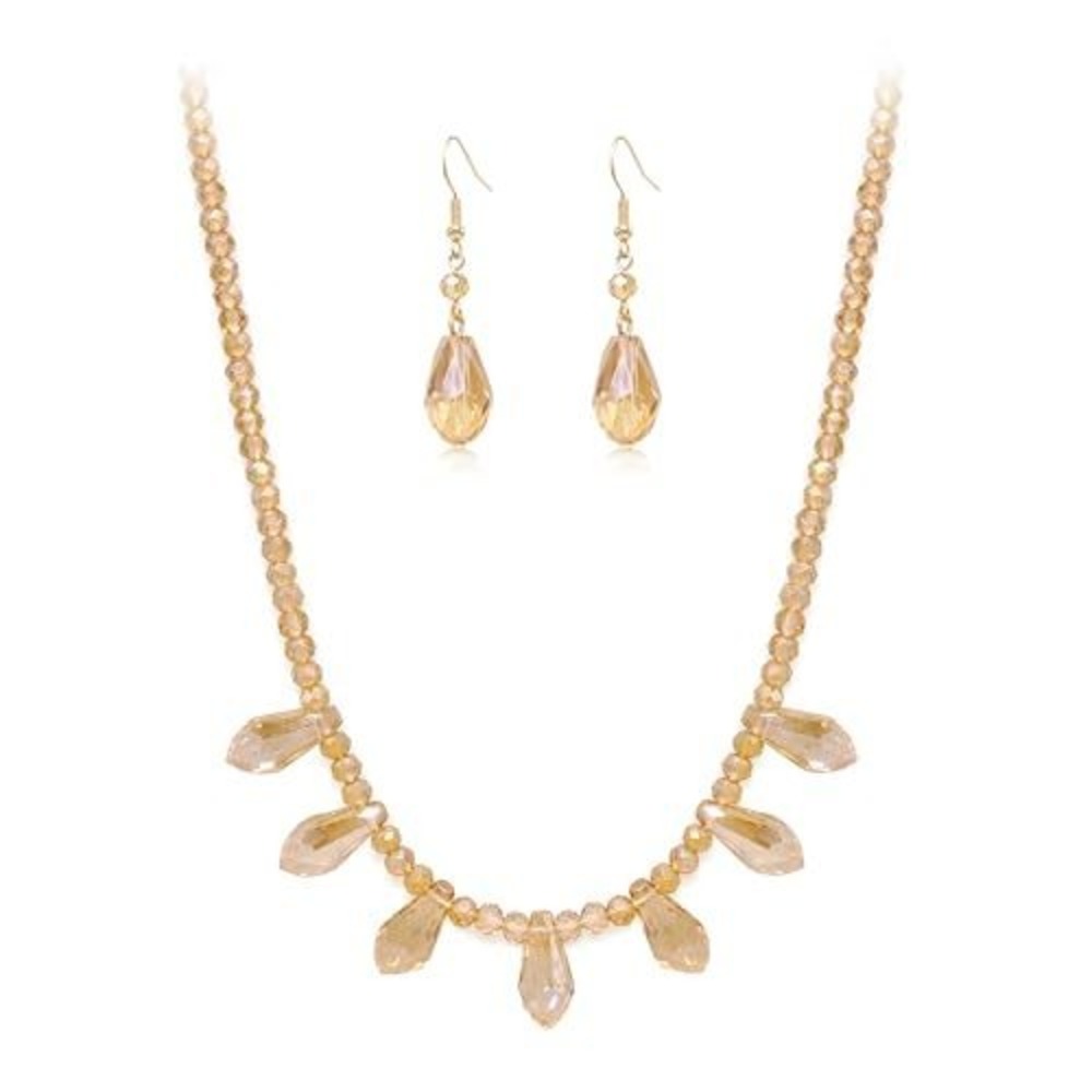 Champagne Crystal Bead Necklace and Earring Set Gold Tone Bridal Formal Jewelry